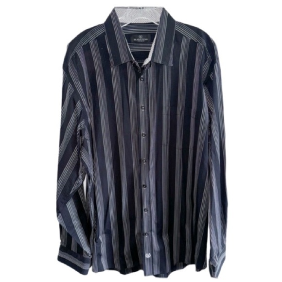Bugatchi Uomo Black White Striped Flip Cuff Cotton Button Up Shirt XXL Pocket - Picture 1 of 11
